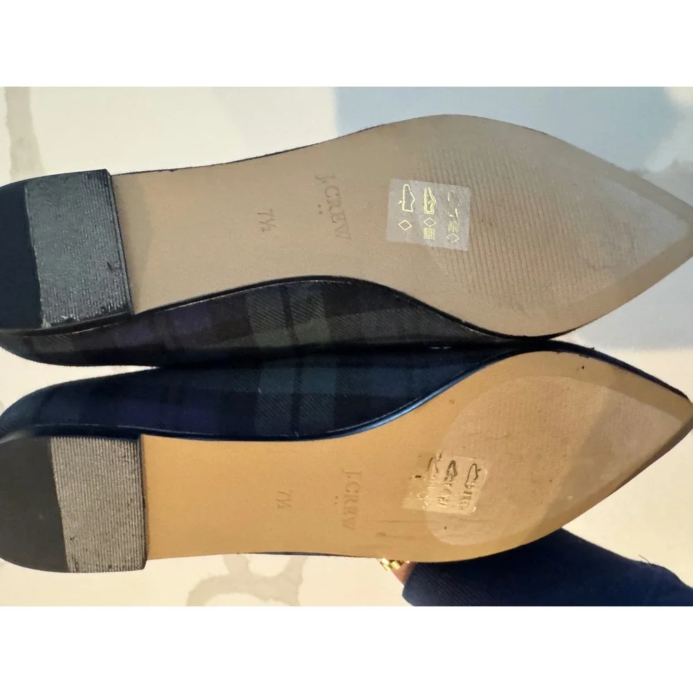 J.Crew‎ Women Black Watch Plaid Pointed Toe Ballet Flats Blue Green Bow 7.5 M